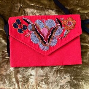 Vintage Red Floral Bead Embroidered Cross Shoulder Bag